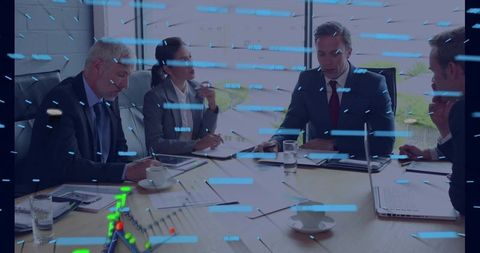 Senior executives discussing strategy in boardroom with futuristic data overlay