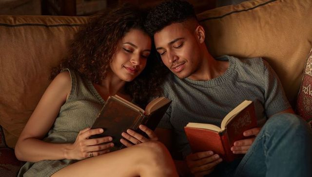 Couple reading together on sofa in cozy living room with warm ambient lighting