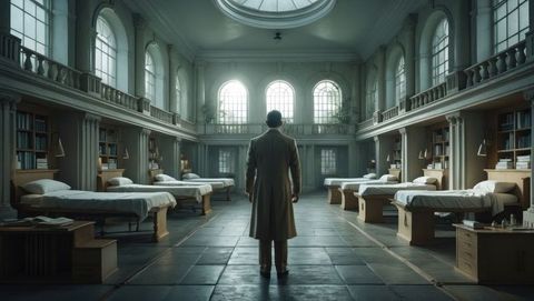 Contemplative figure in grand historical sleeping hall with beds