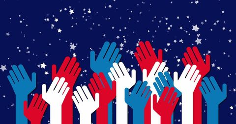 Collaborative Celebration with Patriotic Raised Hands