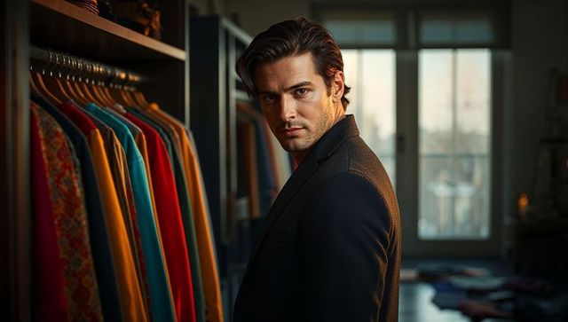 Stylish man in tailored blazer looking back in walk-in closet with cinematic moody lighting