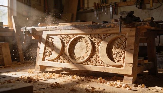 Carved wooden panel resting on workbench, sunlight catching dust and wood shavings