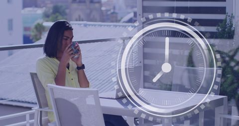 Woman Using Laptop with Futuristic Digital Clock Hologram Overlay - Download Free Stock Images Pikwizard.com
