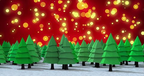 Festive Winter Scene with Christmas Trees Against Red Bokeh