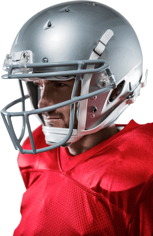 American football athlete in red jersey with silver helmet