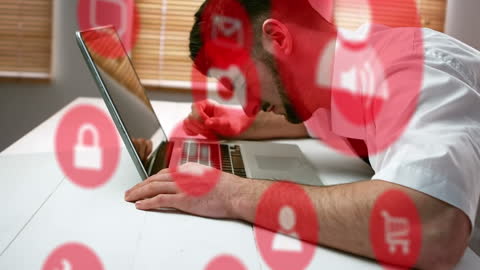 Exhausted Businessman Overwhelmed by Technology and Icon Overload