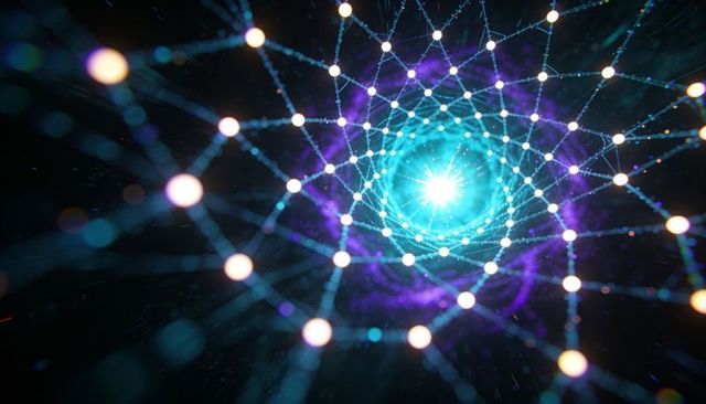 Glowing neural vortex converging on cyan core with spiral lattice of light and nodes