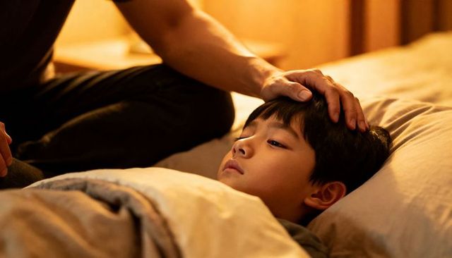 Parent soothing child at bedtime, tender bedside comfort and warm nighttime routine