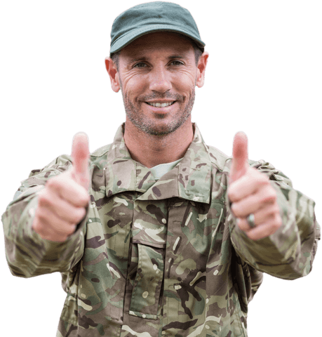Caucasian military man showing thumbs up on transparent background