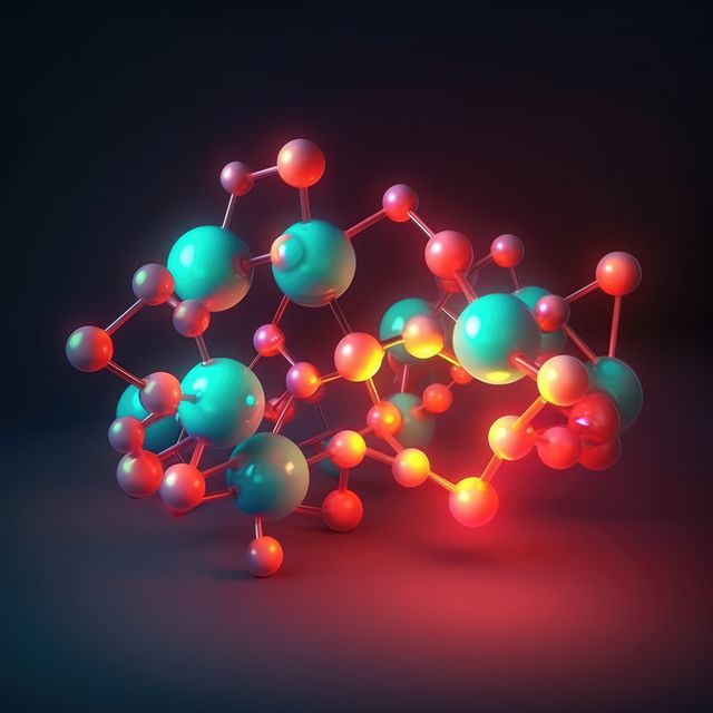 Blue and pink atoms forming molecular structure, created using generative ai technology. Science, nature, matter, model and structure concept digitally generated image.