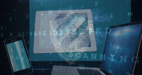 3d virus hologram on tablet in high-tech digital workspace