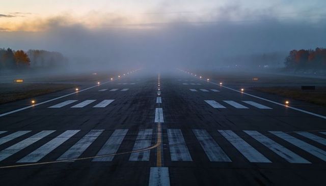 Foggy dawn runway leading into misty horizon with lit centerline, threshold bars