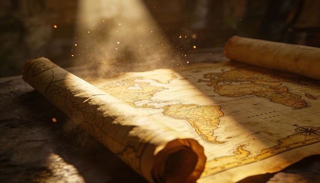 Antique world map scroll bathed in warm sunlight with dust motes and compass rose
