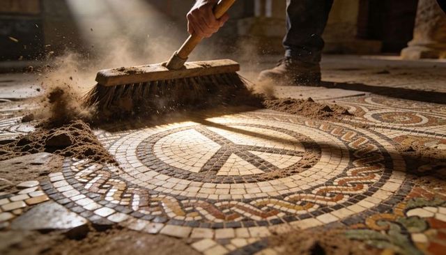 Conservator revealing ancient mosaic peace symbol while sweeping dust in sunlit hall