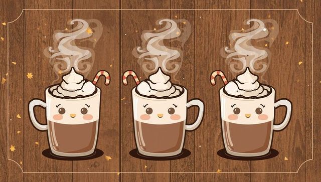 Three smiling hot cocoa mugs with whipped cream and candy canes on wood planks