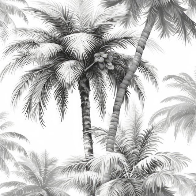A detailed monochrome illustration of tropical palm trees with lush foliage against a white background. This piece presents an exotic and serene feel, ideal for enhancing interior design projects, creating distinctive patterns for textiles, or being used as a background for various digital content and social media graphics.