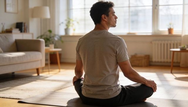 Man meditating on yoga mat in sunlit living room practicing mindfulness at home