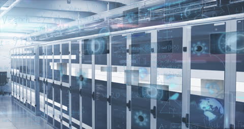 Digital Data Processing Animation Over Server Room