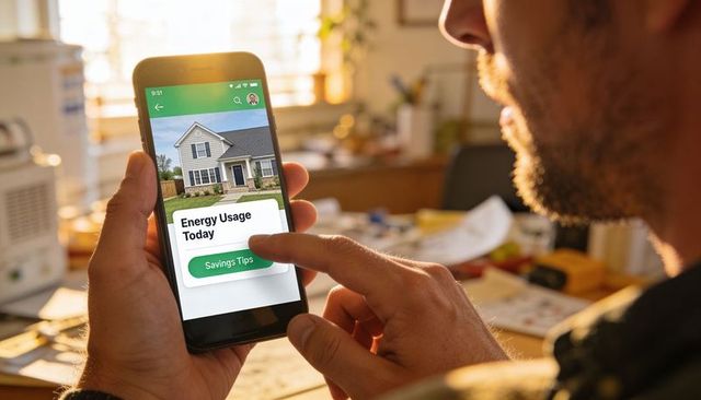 Man Checking Home Energy Usage App on Smartphone While Working at Cluttered Sunlit Desk