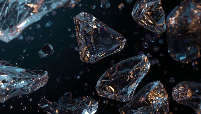 Floating faceted crystal gems with blue and amber highlights on dark abstract background