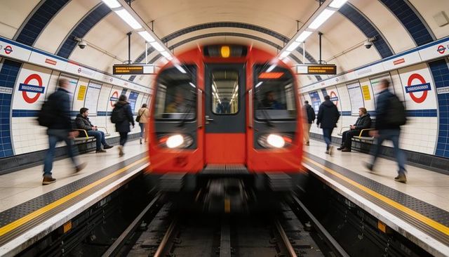 Red tube train speeding toward platform with motion blur and commuters