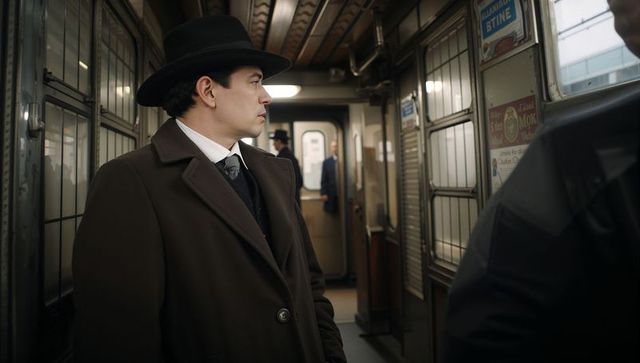 Retro gentleman in fedora standing in vintage train corridor, moody urban commute