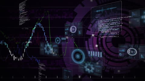 Visual illustrates a swirl of digital data visualizations in a high-tech interface. Perfect for technology websites, articles about data analysis, presentations on digital networks, and multimedia projects focused on futuristic tech or business analytics.