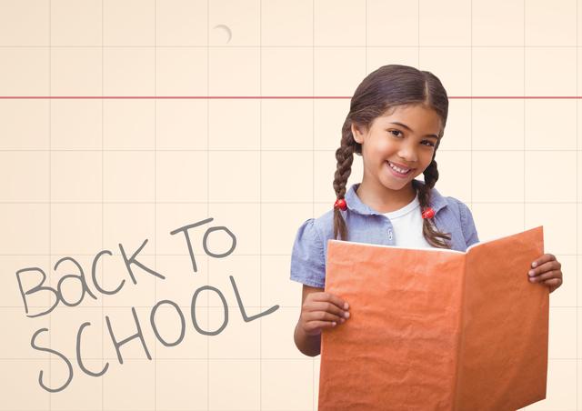 A young schoolgirl with braided hair is holding a large orange notebook and smiling against a beige background with a page layout. Ideal for use in educational materials, back-to-school promotions, school-related advertisements, learning resources, and teaching aids.