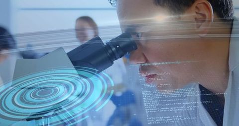 Scientist Using Microscope with Data Interface Overlay - Download Free Stock Images Pikwizard.com