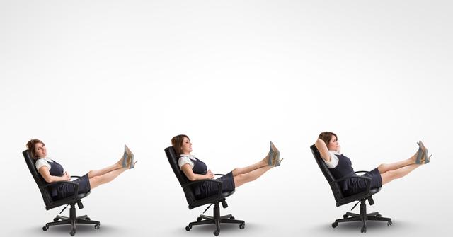 Digital composite of Multiple image of businesswoman sitting on office chair against white background
