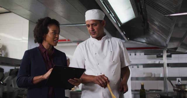 Chef Discussing Recipe with Restaurant Manager in Professional Kitchen - Download Free Stock Images Pikwizard.com