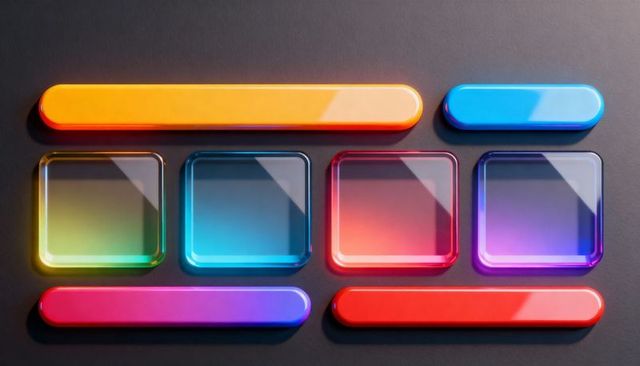 Glossy colorful ui controls grid showing rounded pills and glass tiles on dark surface