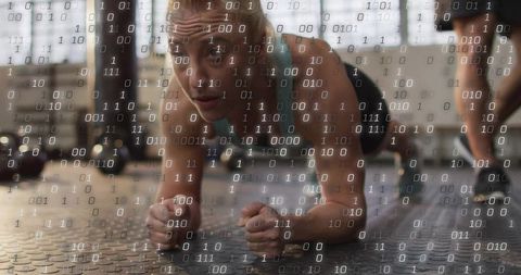 Woman Holding Forearm Plank with Binary Data Overlay for Fitness Tech and Performance