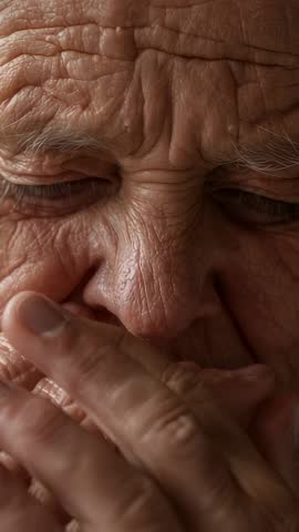 Vertical close-up video elderly person calming with hand covering mouth and nose in low light