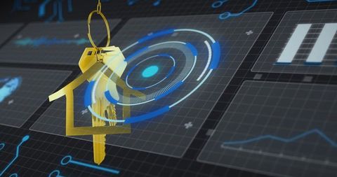 Golden house keychain hovering over holographic security interface scanning access