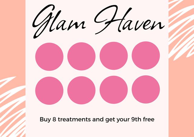 This design showcases a loyalty card promotional offer from Glam Haven. Ideal for beauty salons, spas, or wellness centers, it can be used to attract new customers or retain existing ones by offering a reward after eight treatments. The modern and chic design appeals to those seeking self-care opportunities.