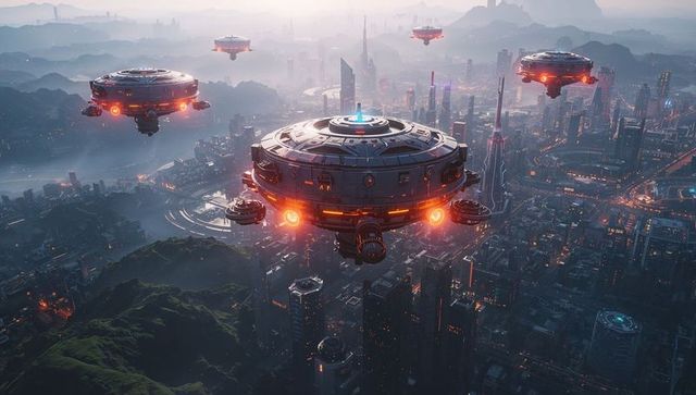 Futuristic hovering spacecraft over metropolis