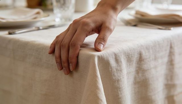 Resting hand creating soft fold on beige linen tablecloth close-up dining table textile