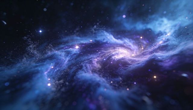 Luminous spiral nebula swirling in cosmic blue and purple vortex with glowing core