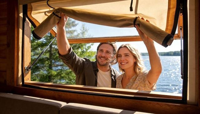 Couple raising canvas flap at camper window overlooking sparkling lake and pines