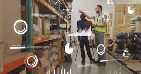 Diverse coworkers analyzing inventory with digital interface