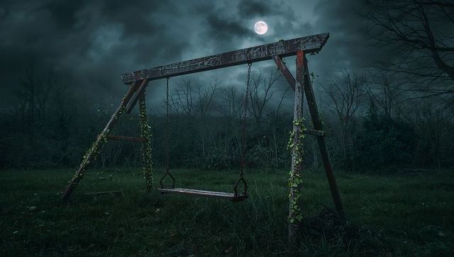 Abandoned swing set in moonlit overgrown field at night