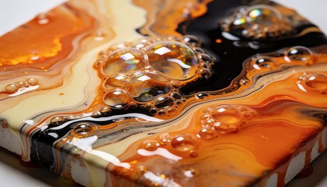 Resin art panel featuring glossy amber marbling, iridescent bubbles and gold flecks