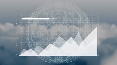 Futuristic Data Visualization Against Cloudy Sky and Digital Globe