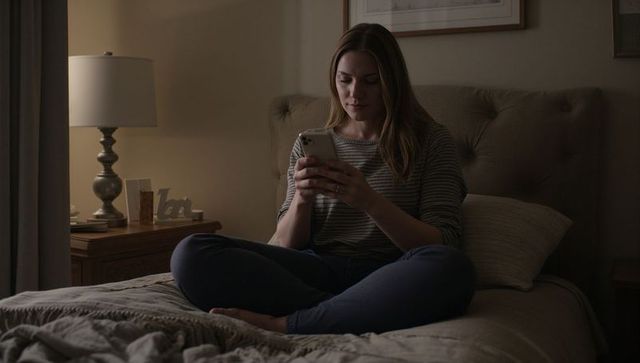 Young woman scrolling smartphone on bed at night, cozy bedroom with soft lamp lighting