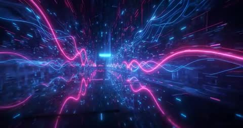 Futuristic Neon Tunnel with Oscillating Waveforms in Cyberpunk Style