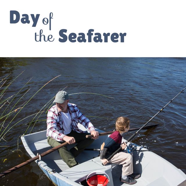 Caucasian father and son enjoying quality time fishing together on a lake. Ideal for content promoting family bonding, outdoor activities, and special celebrations like Day of the Seafarer. Suitable for blogs, social media, and travel magazines focused on family-friendly adventures and nature experiences.