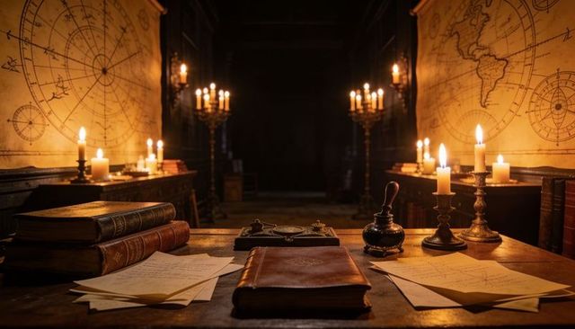 Candlelight Illuminating Antique Writing Desk with Leather Journal, Inkwell, Nautical Maps