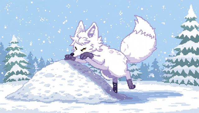 Perching pixel art white fox squinting on snow mound, casting shadow in pastel winter pines