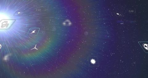 Radiating lens flare over star field with floating holographic interface icons